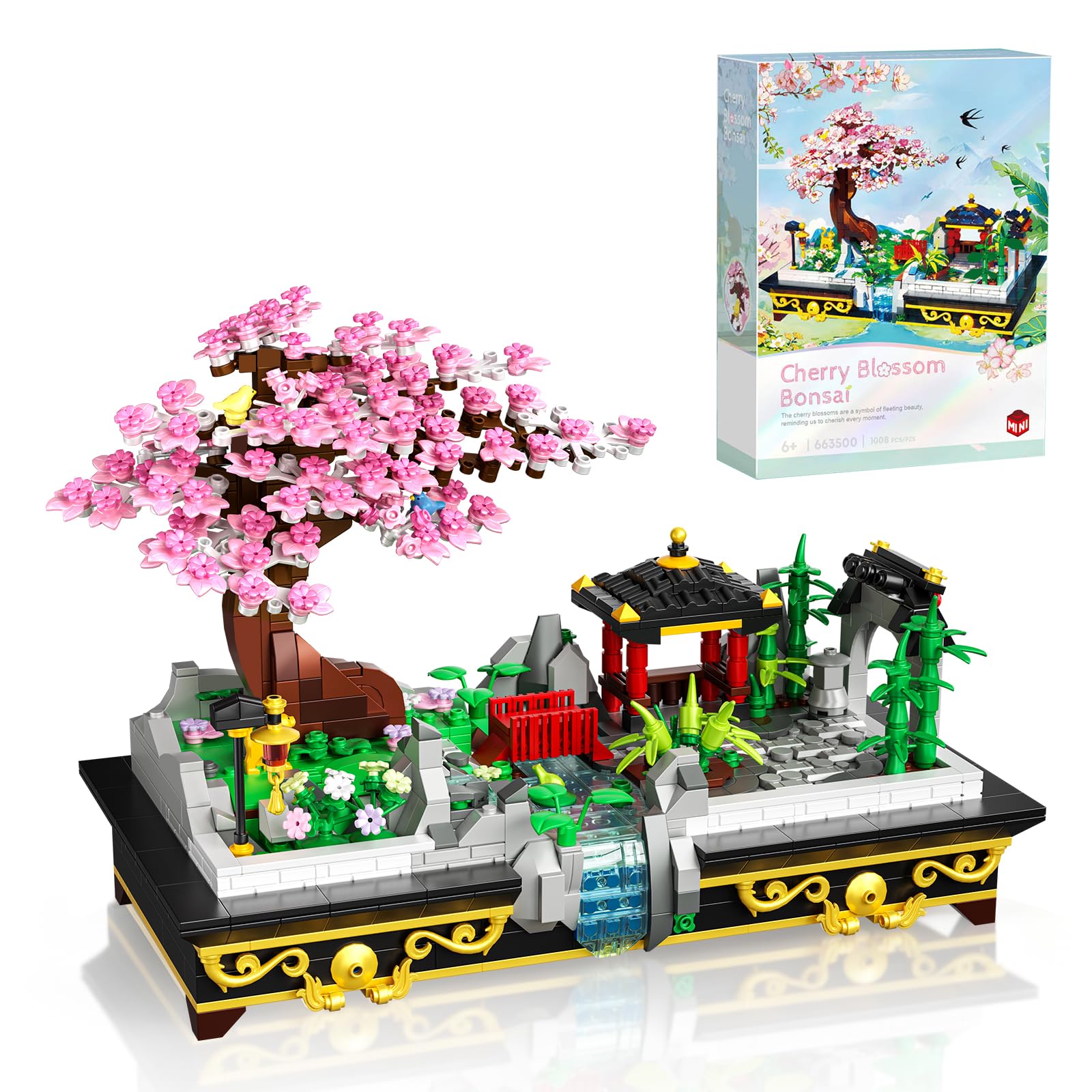 Hallisun Cherry Blossom Bonsai Tree Building Set Bonsai Tree Mini Size Japanese Zen Sakura Japanese Style Cherry Blossom Flowers and Japanese Garden