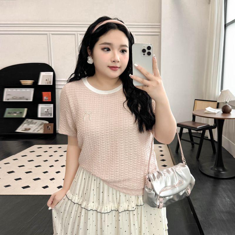 

Plus size women clothing [Dopamine Texture T] Beads Bow Contrast Color round Neck 100.00kg Summer Short sleeve T-shirt Ballet Powder 9xl