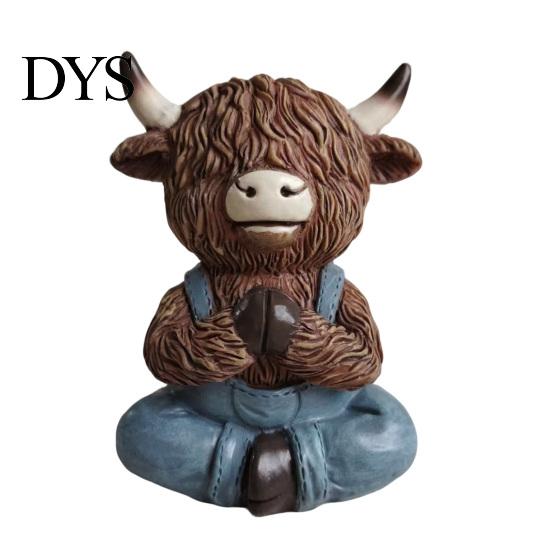 Yoga Pose Animal Figurines Highland Cow Resin Figurine, Farmhouse Style Overalls Statues, Waterproof Meditation Sculptures Garden Ornament for Indoor