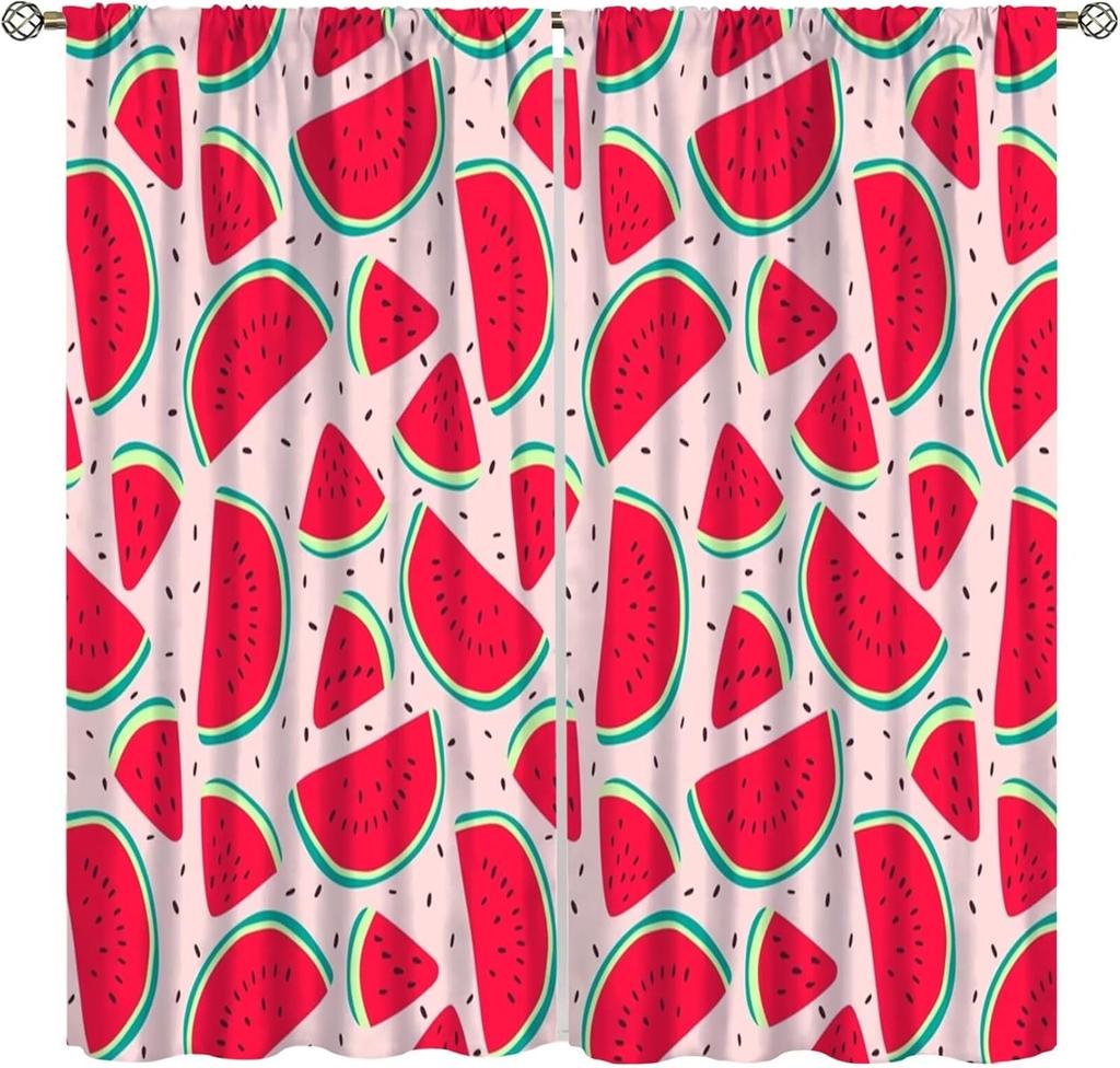 Fruit Window Curtains,Pink Cute Strawberry Green Leaves Flower Retro Art Print Window Drapes for Kids Girls Bedroom Living Room