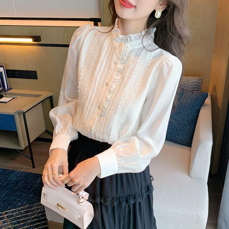 Women s Ruffle Mock Neck Long Sleeve Blouse Slim Fit Elegant Lace Patchwork Button Down Casual Shirt S