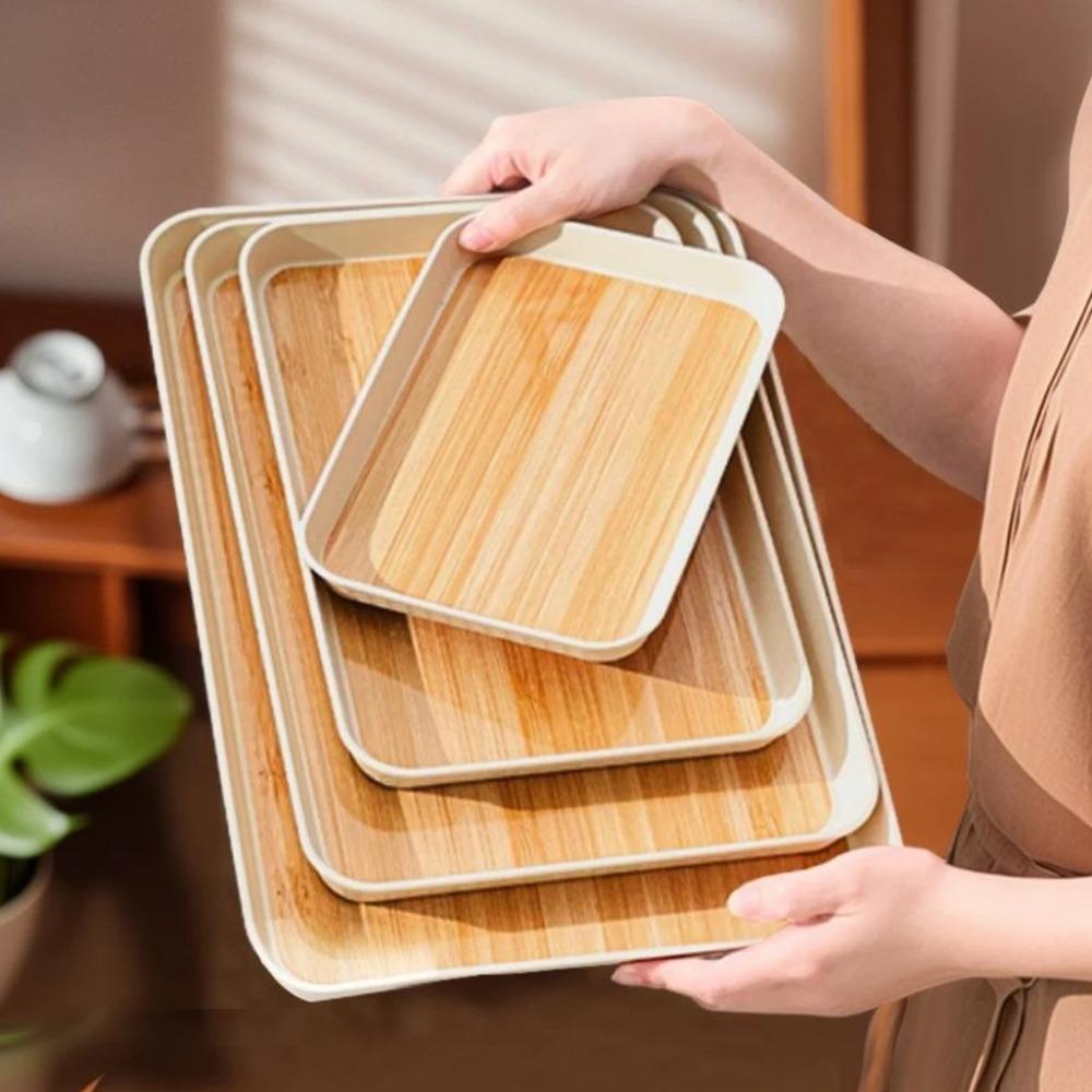 Wood Grain Storage Tray Multi-functional Rectangular Plastic Food Serving Tray Snack Dessert Tray Kitchen Living Room Tea Tray
