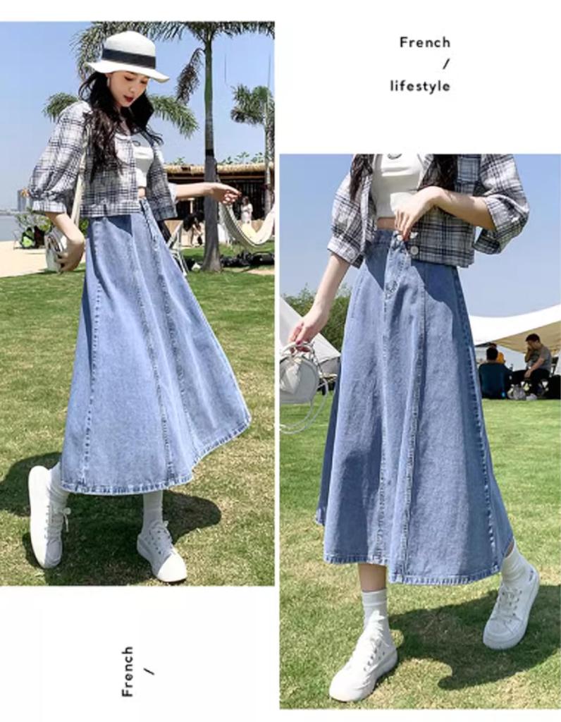 SpringSwalloow Casual Flared Denim Midi Flared Straight Below the Midi for and Business Style Women's High-Waisted A-Line Skirt, Long, Length, Skirt,