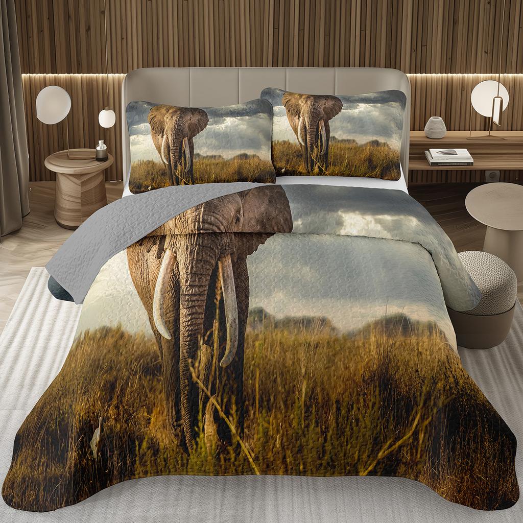 Elephant Quilt Set, African Animal Elephants Quilted Bedspread Western Rustic Farm Style Bedding Set Wild Safari Theme Coverlet