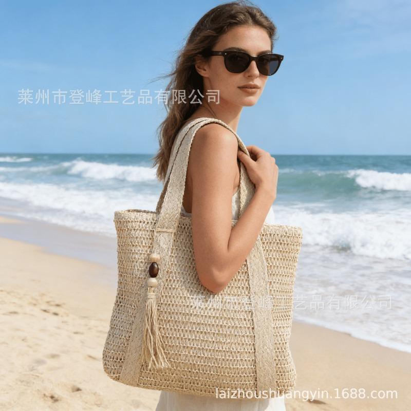 New Chinese Large-capacity Woven Fabric Fringed Hand-woven Bag Shoulder Straw Bag Seaside Vacation Beach Tote Bag