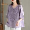 Women Summer Tops V-neck Half Sleeve Embroidery Pattern Pullover Tops Solid Color Loose Fit Commuting Style Tops