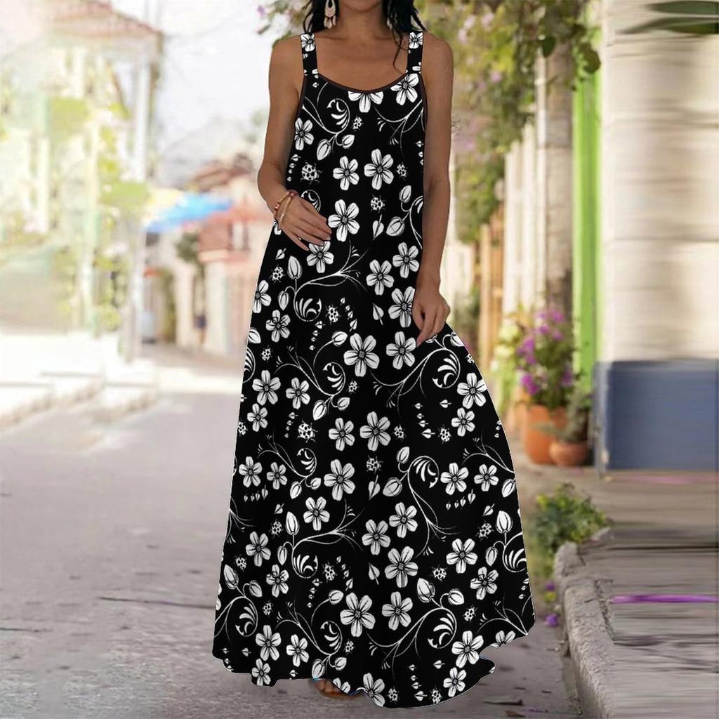 Women's Slip Dress Maxi Long Dress Ink Flower Painting Print Dress Spring & Summer Leisure Vacation