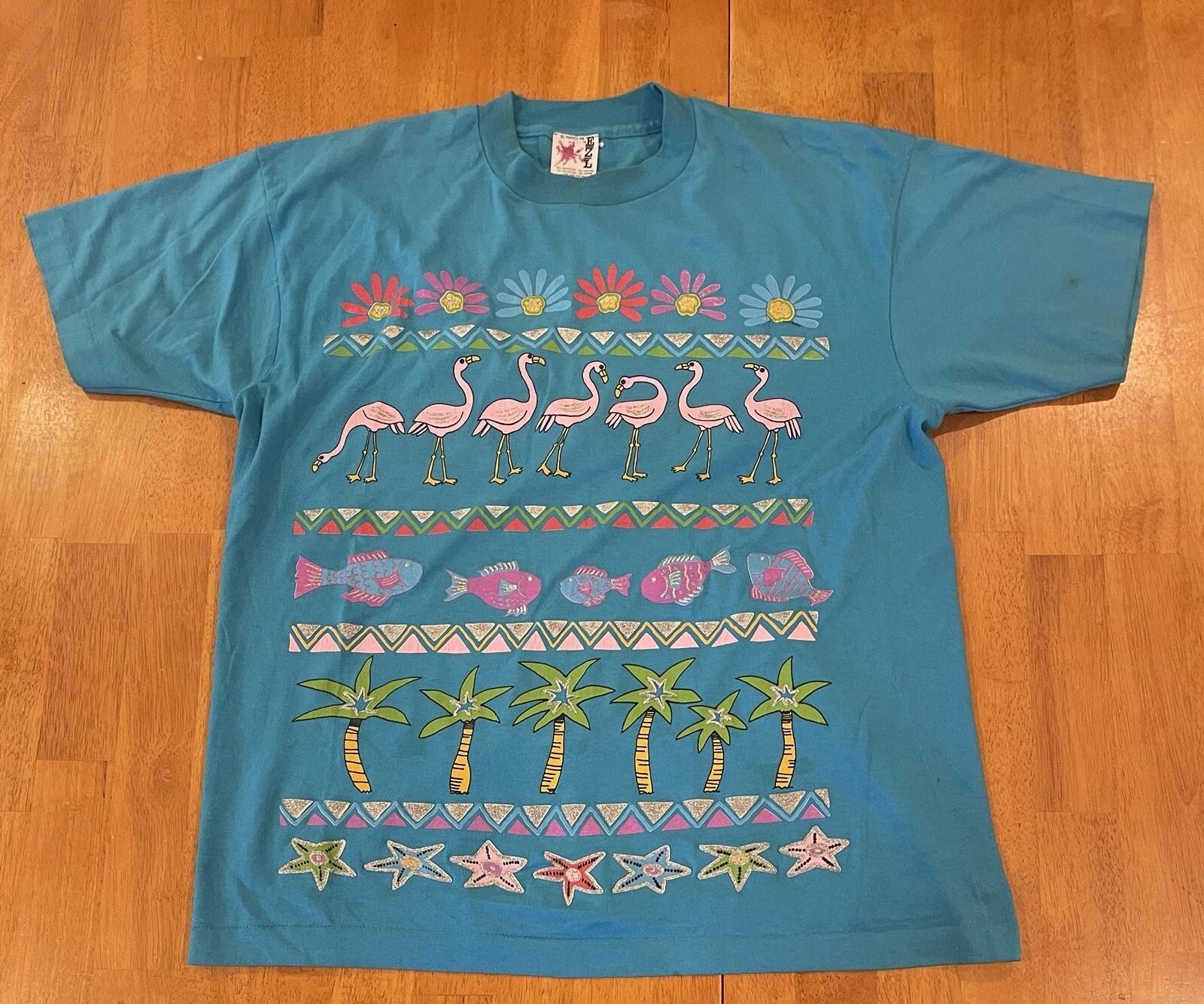 Vintage Tropical Flamingo Palm Tree Shirt Large 90s Animal Nature 3XL