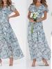 New Beach Pendulum Long Dress Chiffon Floral Short-sleeved Ruffle V-neck Fashionable Waist Dress