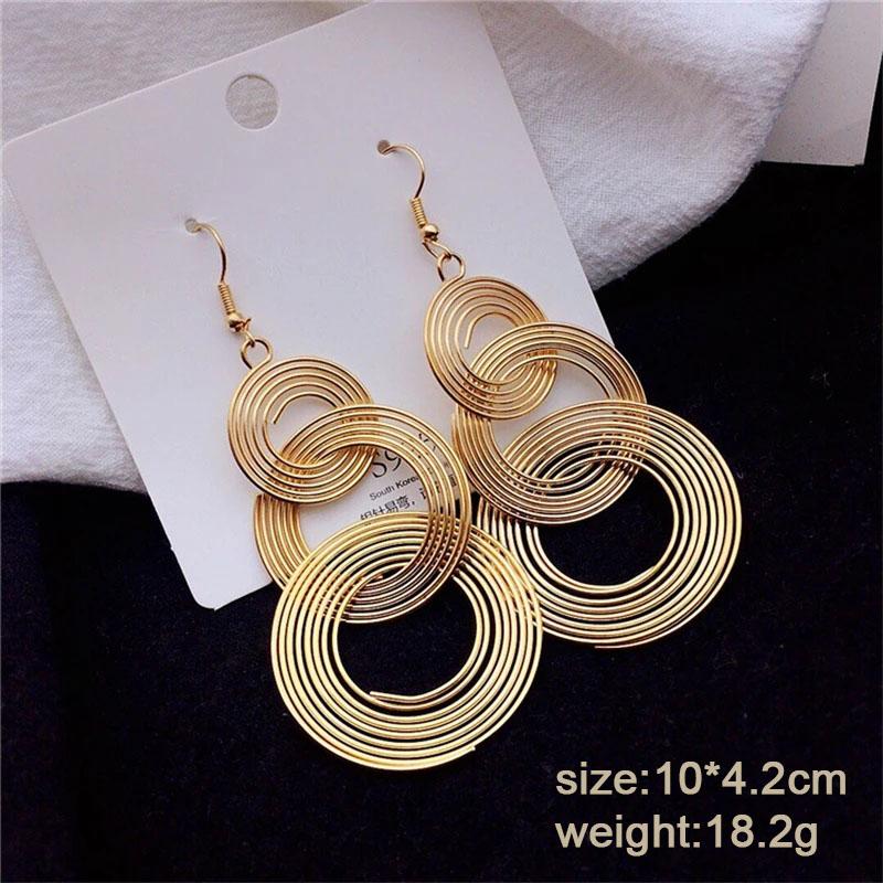 

Punk Gold Colour Big Geometric 3 Circle Metal Long Dangle Earrings For Women Bohemian Party Exaggerated Fashion Zircon