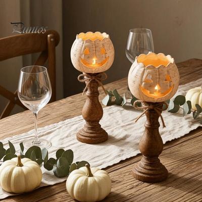 Rustikální dýňová soška pro předsíň Bílá sada držáků na čajové svíčky, Farmářská Halloweenská čajová svíčka Sklizňové téma Domácí dekorace Držáky Dekor, Podzim