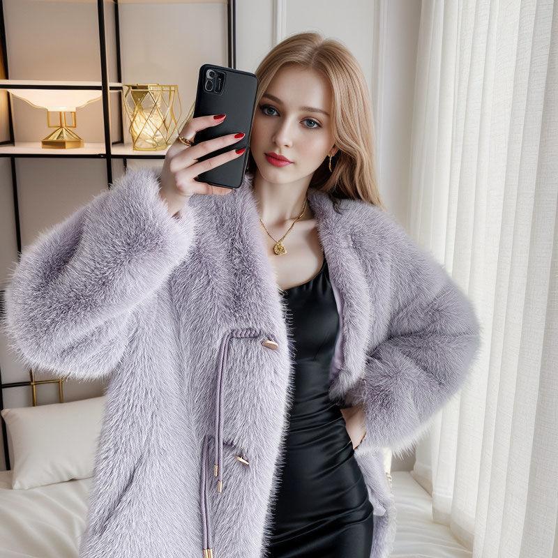 Winter Thickened Temperament Solid Color Collar Imitation Fur Jacket Women's Curly Hair Long Fur
