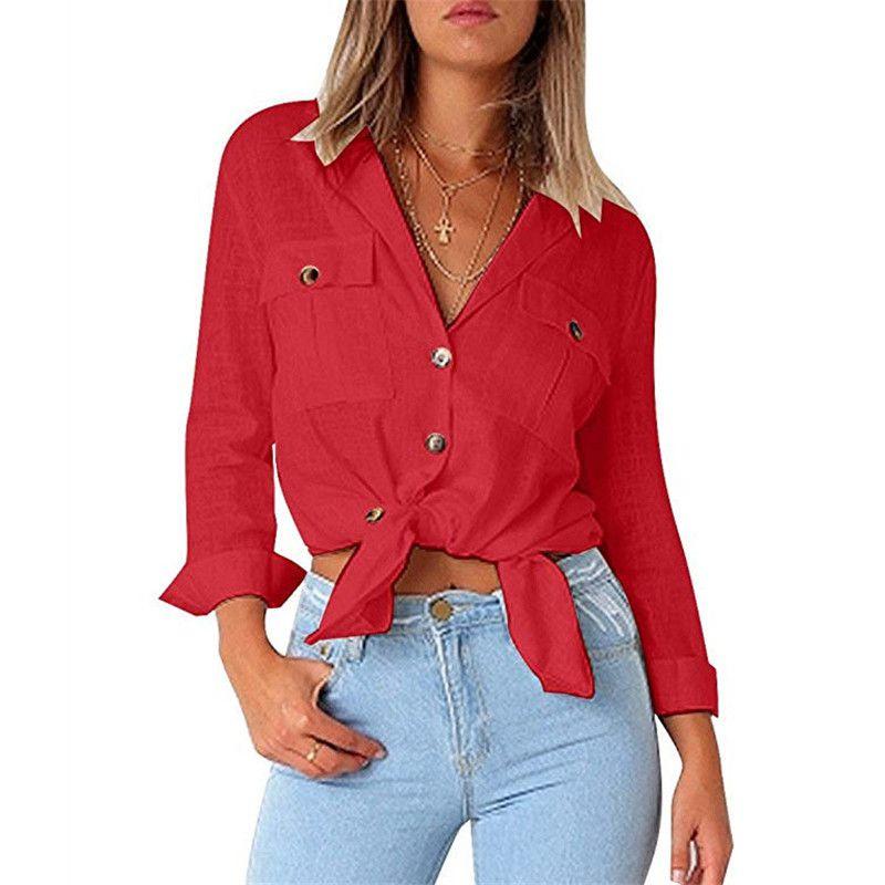 Luxurious Fashion Autumn Pocket Long Sleeve Casual Chiffon Women's Shirt Top