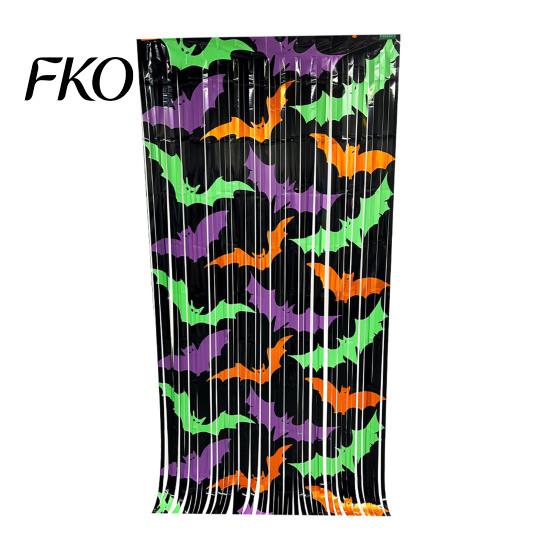 Halloween Tinsel Curtain Foil Fringe for Halloween, Orange Purple Black Background Event Decoration Photo Booth Props, Pumpkin Ghost Bat Party Shiny