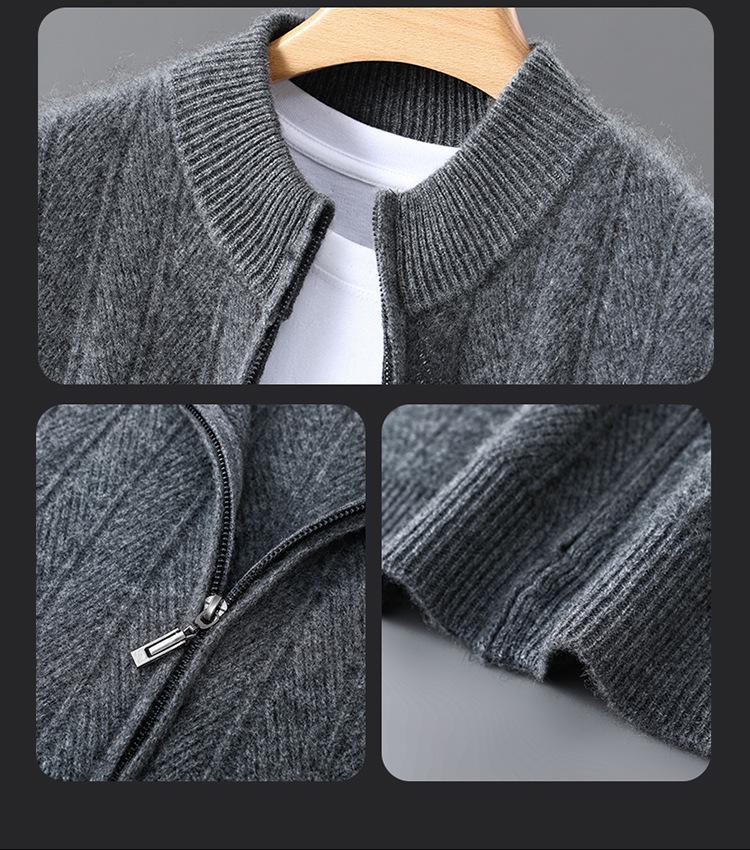 Cardigan Jacquard in 100% Lana Pura da Uomo, Collo Alto Business Casual, Chiusura con Zip, Top Versatile dalla Vestibilità Larga
