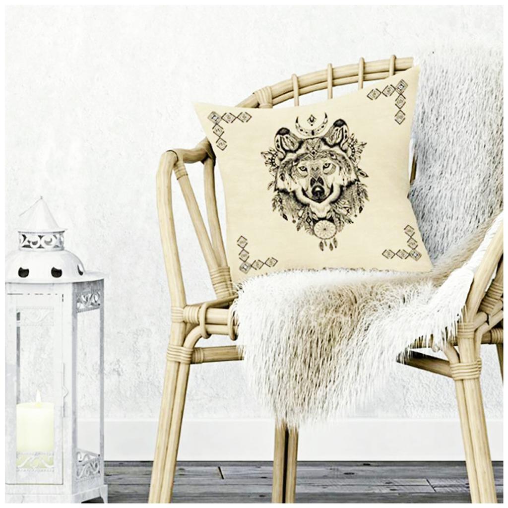 Les Trésors De Lily [Q2181] - Cotton Cushion Cover 'Boho' Beige Black (wolf) - 40x40 Cm