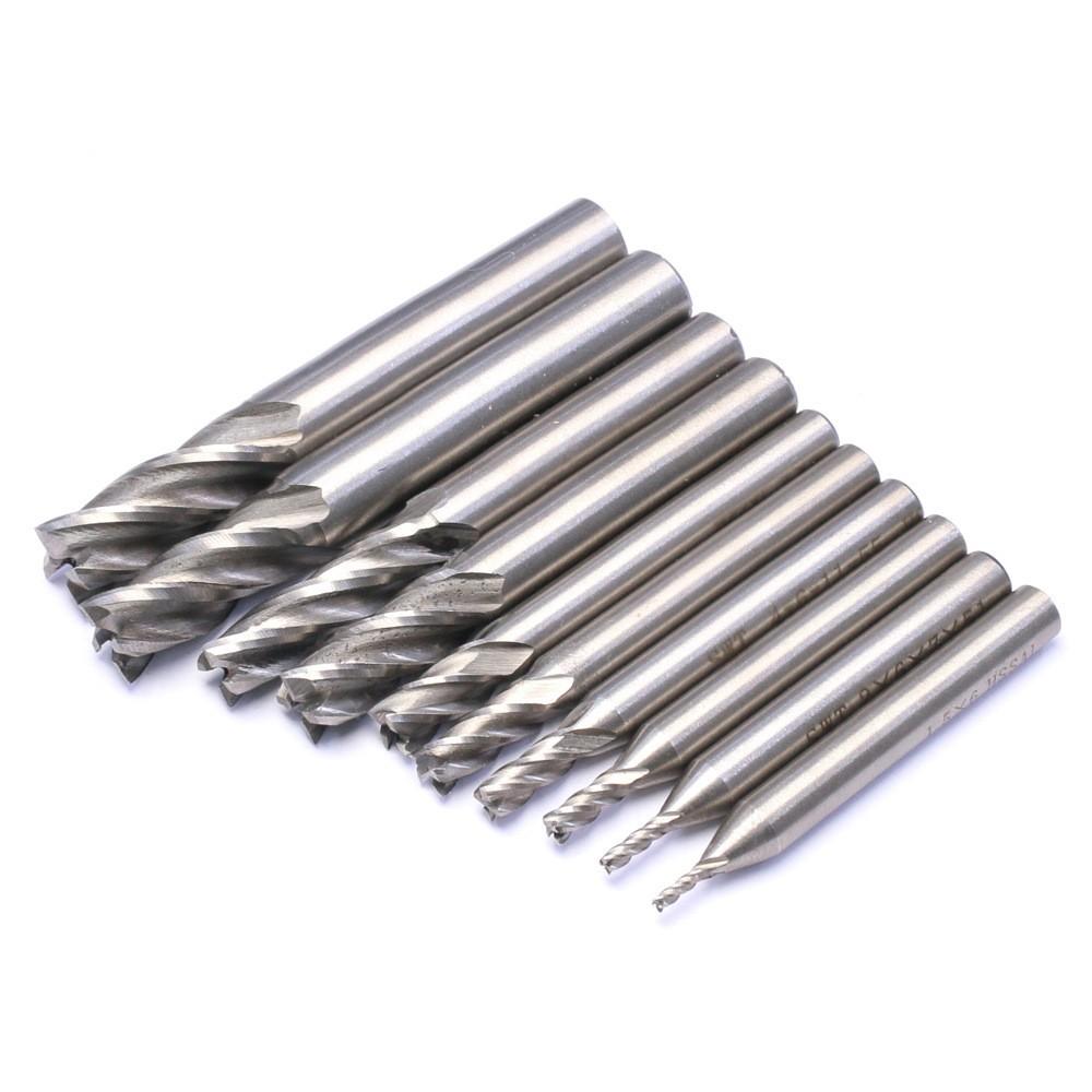10PCS Set Combined HSS End Mill 4 Flutes High Speed Steel Milling Cutter 1.5mm - 12mm CNC Metal Milling Tools Set