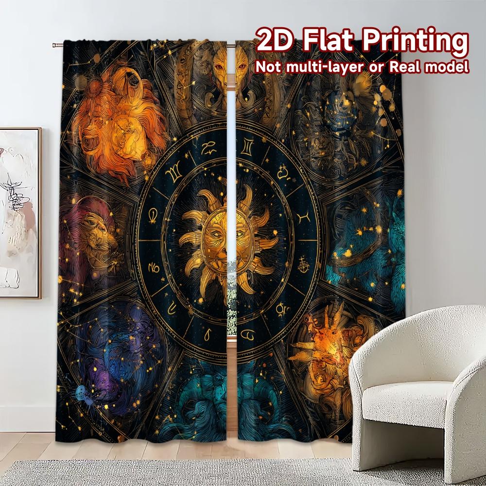 Flat Printing Jit Curtains Without Rod Cosmic Zodiac Wheel Chic Window Treatment Durable Polyester Curtain Set Of 2 Made Washable
