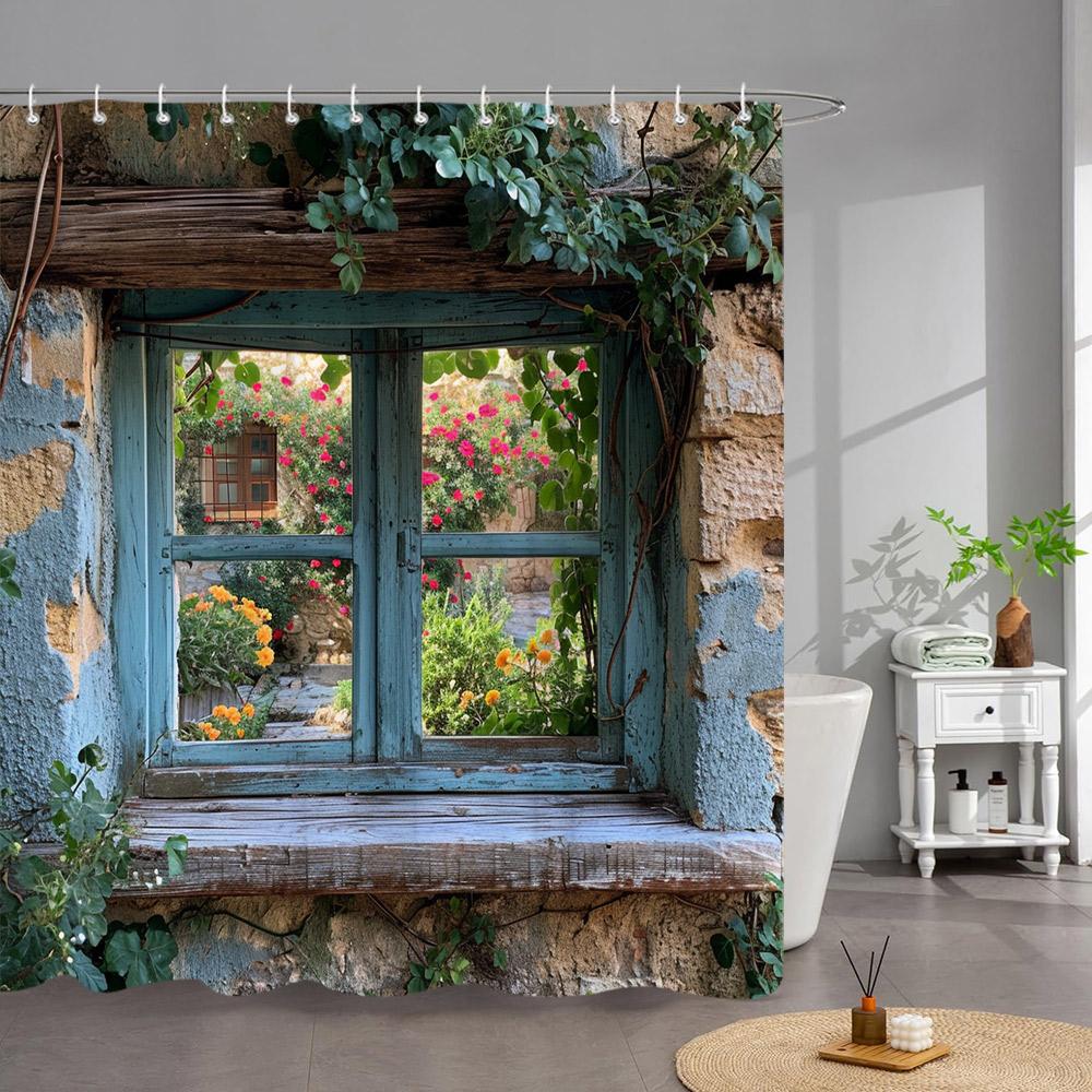 Outdoor Garden Poster Shower Curtain Vintage Window Wall Growing Floral Plants Polyester Fabric Shower Curtains Bathroom Decor