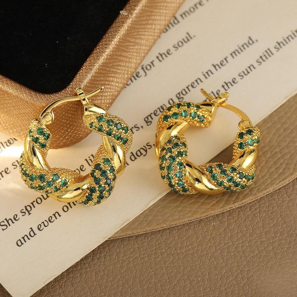 Retro Green Diamond Earrings - Unique European & American Luxury Design with High-End Ear Hoops