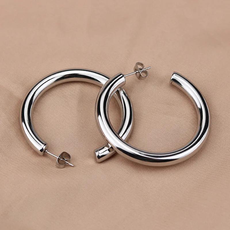 Gold Plated Hoop Earring Thick Round Circle Stainless Steel Earrings for Women Zircon 25mm