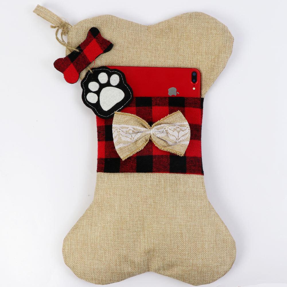 Handmade Dog Paw Plaid Christmas Stocking Gift Bags