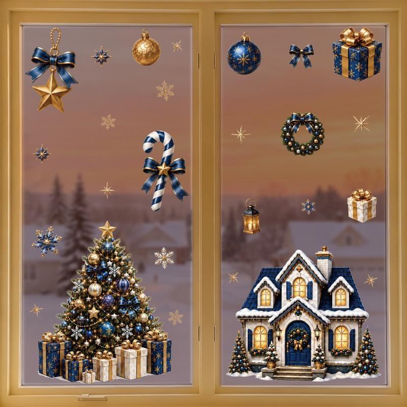 1/2/4 Sheets Cartoon Snowman Snowflake Santa Claus Christmas Window Wall Decals New Year Windows Stickers Self-Adhesive Decor