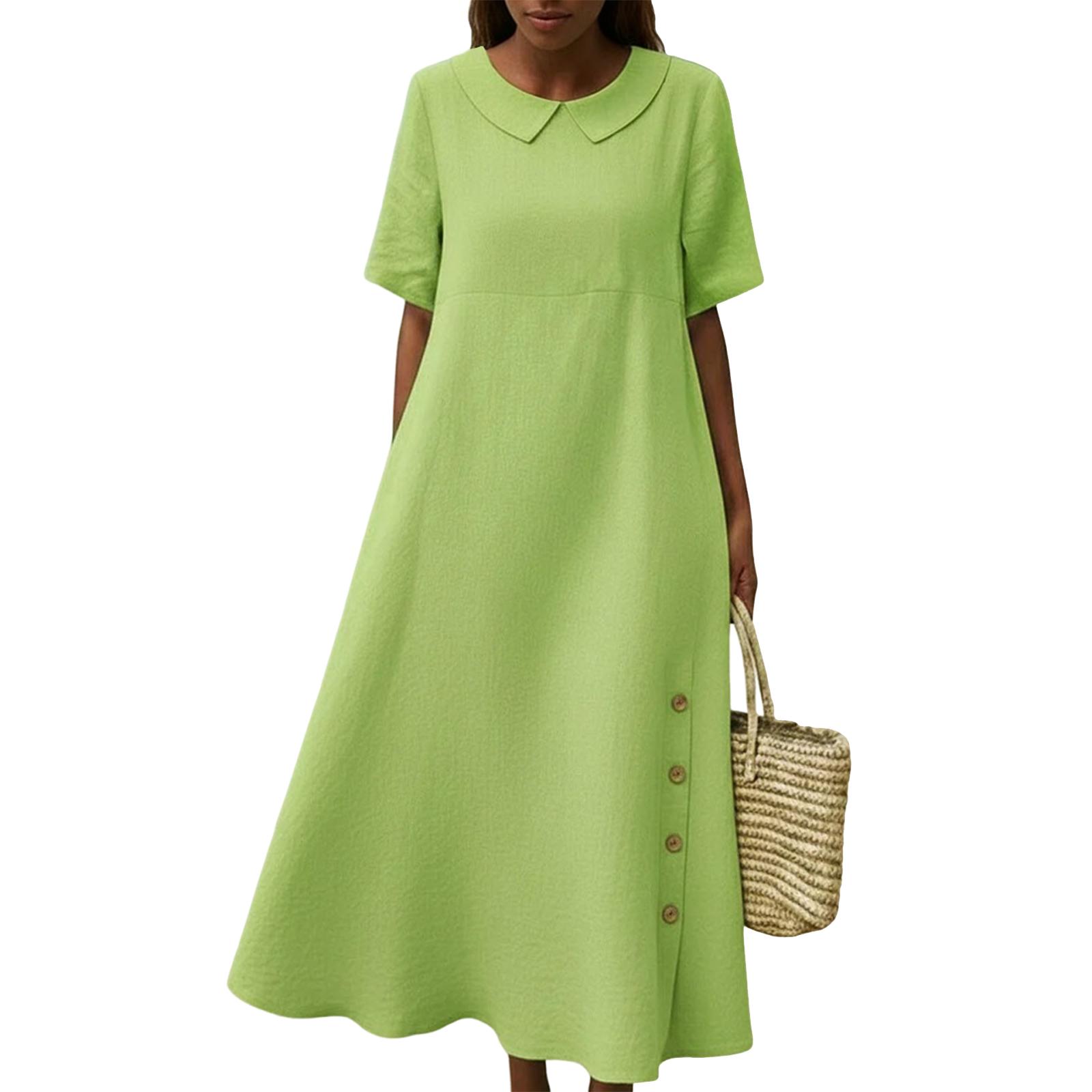 Women s Fashion Vintage Button-Up Round Neck Loose-Fit Casual Dress L светло-зеленый