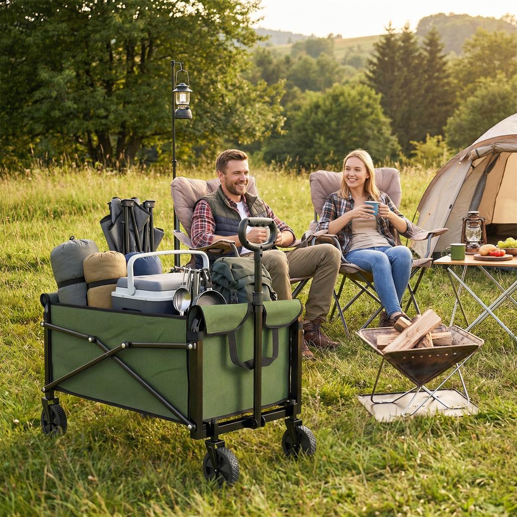 81L Festival Trolley On Wheels, Compact Garden Folding Trolley Cart with Adjustable Handle 80L Green