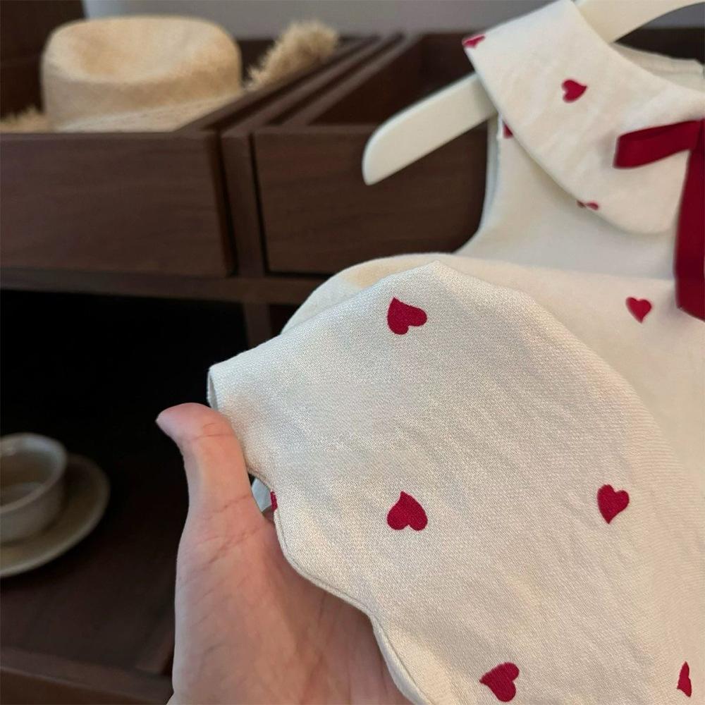 Girls White Heart Print Sleeveless Dress Summer Peter Pan Collar Princess Sundress Cute Casual Party Outfit For Kids