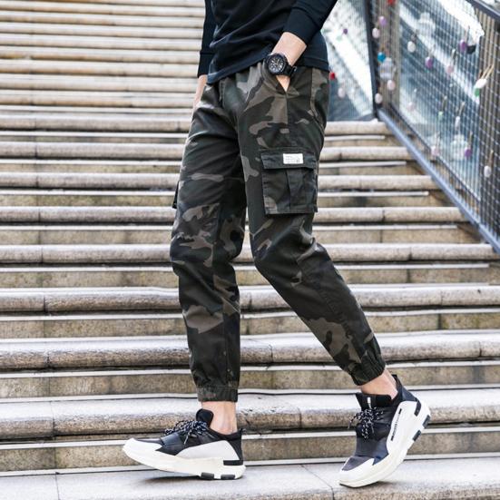 Camo Men Thin Multi-Pocket Ankle Tie Elastic Waist Straight Cargo Pants Trousers