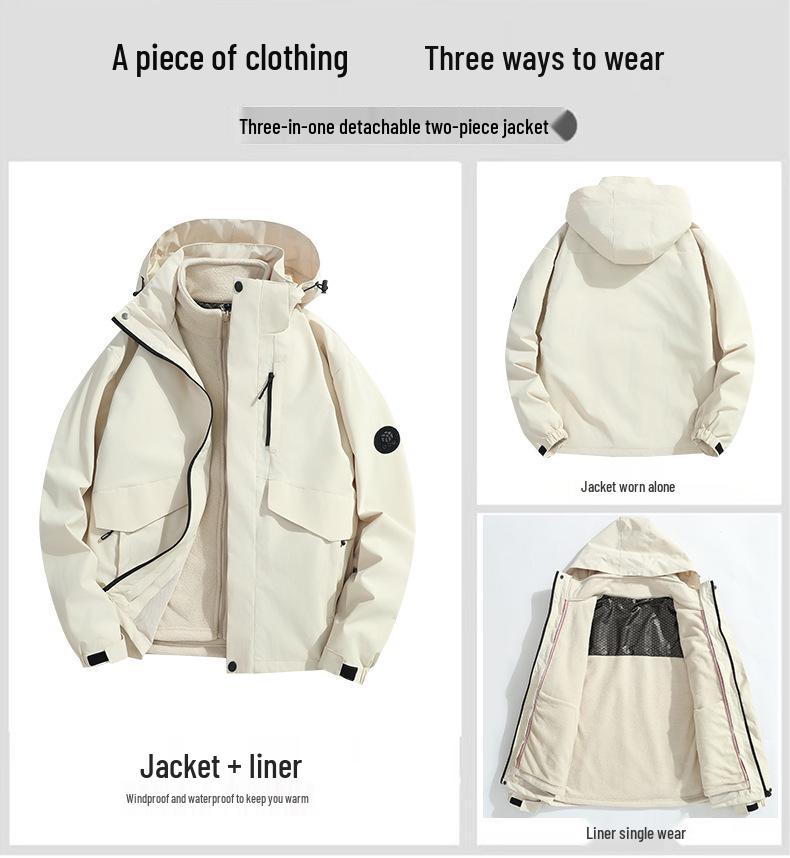 3-in-1 Wasserdichte Kapuzenjacke mit herausnehmbarem Fleece-Innenfutter für Herbst & Winter Outdoor-Sportarten
