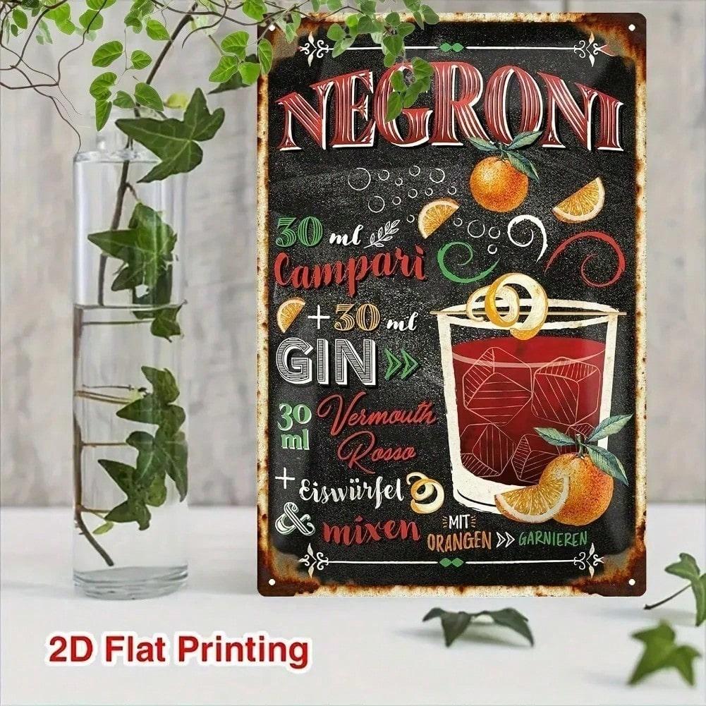 Metal Wall Art, Negroni Recipe Print, Orange Citrus Retro, Bar Pub Decor
