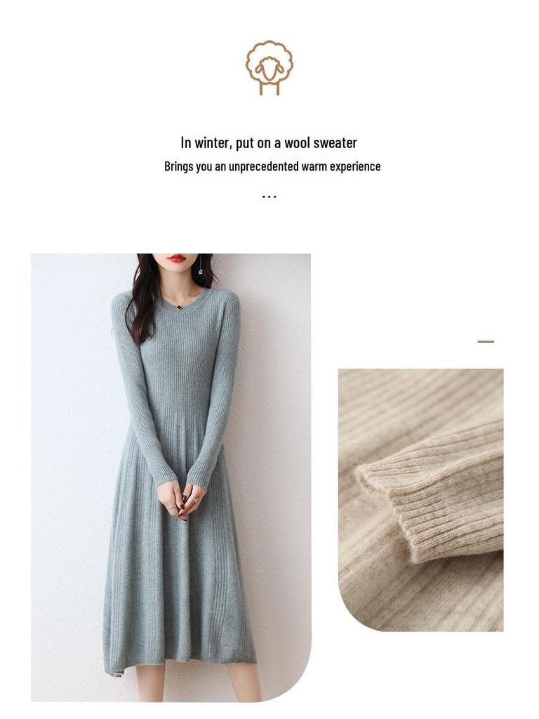 Women's Slim Fit Waist-Cinching Over-the-Knee Knitted Wool Dress - Autumn/Winter Base Layer, Round Neck, New Style