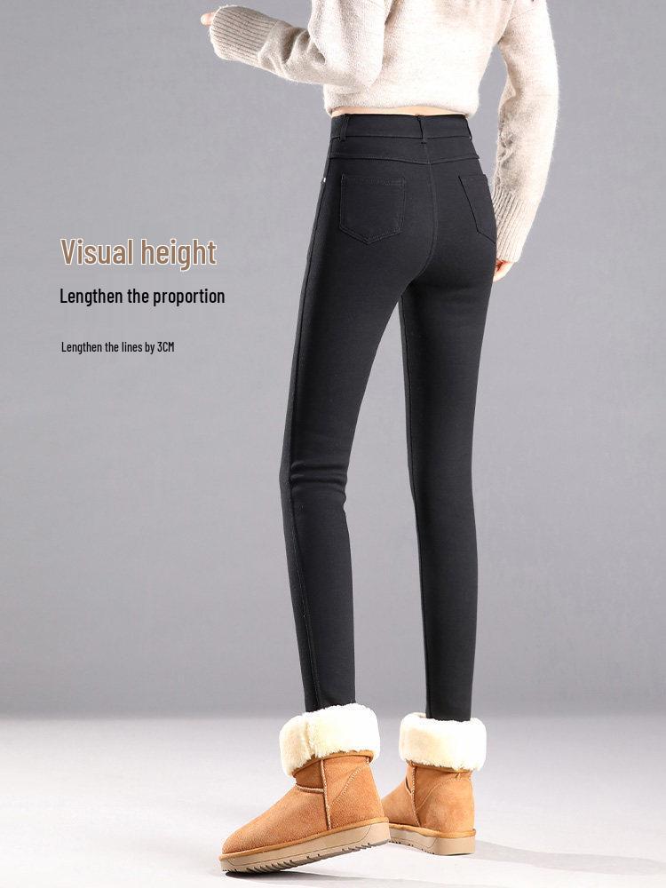 Women's High-Waisted Fleece-Lined Black Leggings, Autumn/Winter 2025, Stretchy, Slim-Fit Pencil Pants