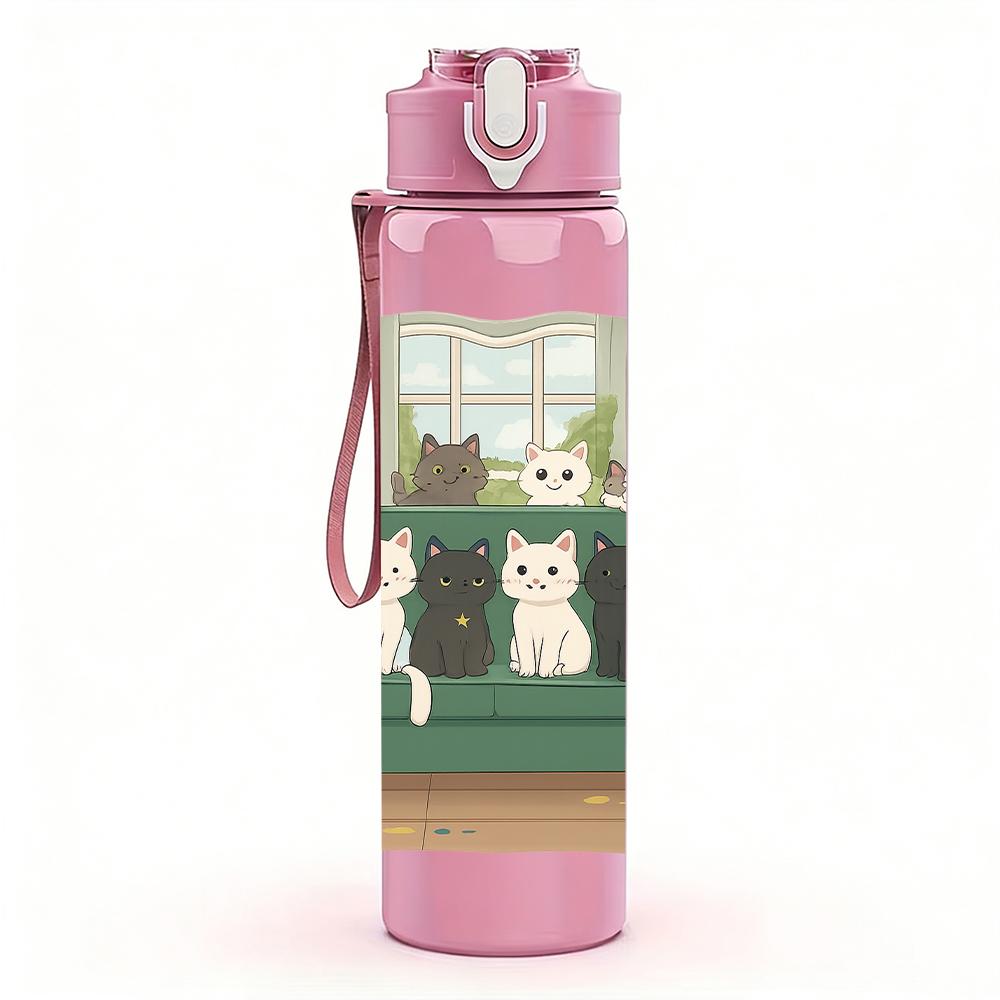 1PC Indoor Cat Family Scene 750ml Color Plastic Sports Water Bottle Leakproof Flip Straw Lid Suitable for Sports Office Home Use