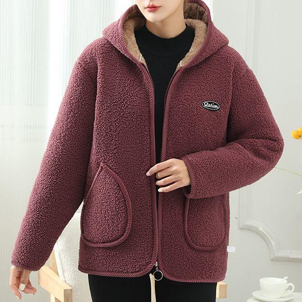 Autumn and Winter Plus Velvet Jacket, Hooded Top, Warm Granular Velvet Plus Size Women's Cotton Coat