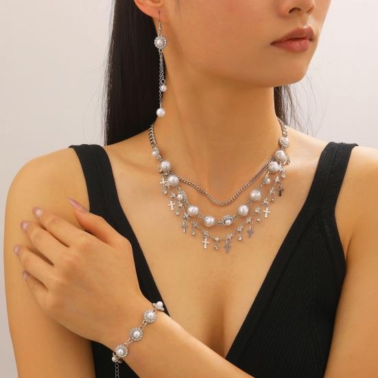 3Pcs/Set Women Jewelry Set Rhinestones Inlaid Imitation Pearls Charm Necklace Drop Earrings Bracelet Set Dating Commuting Jewelry Set