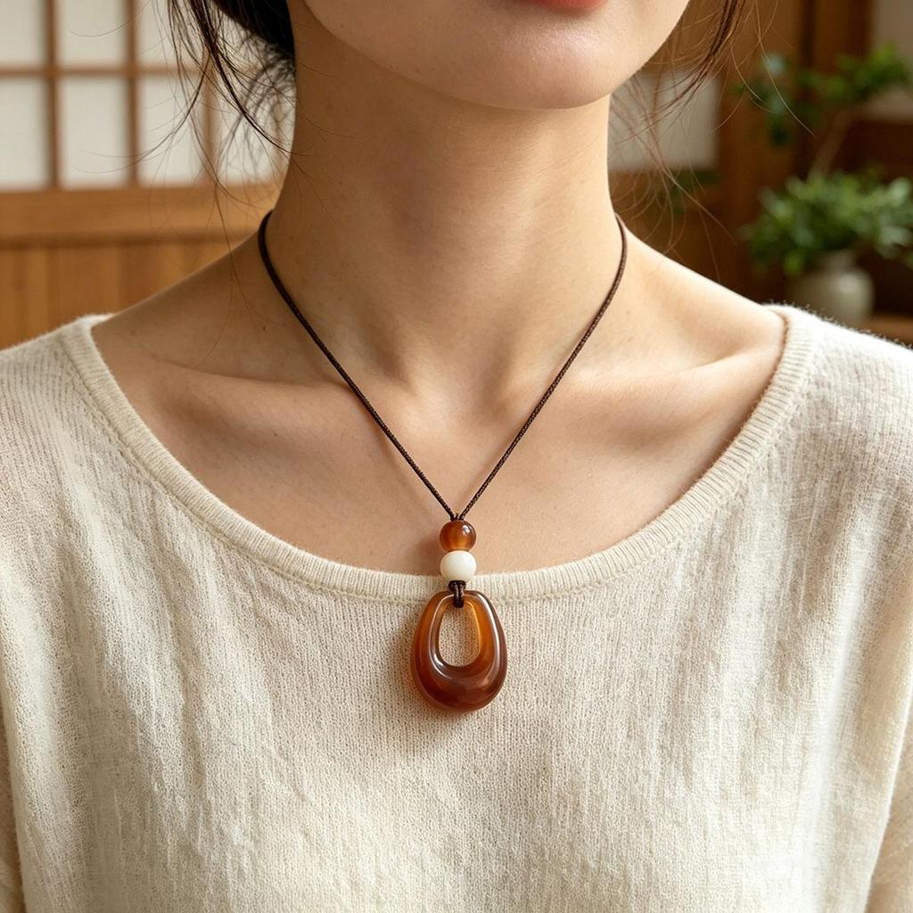 Retro Zen Oval Ring Necklace Women's Simple Long Pendant Women's New Chinese Style Sweater Chain Fashion Versatile Accessories