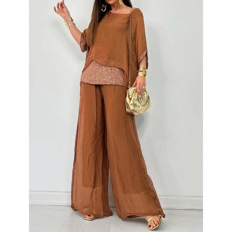 

Summer Sequin Patchwork Casual Set Women Casual Round Neck Pullover Wide Leg Pants Suit Batwing Sleeve Loose Outfit XS шоколадний