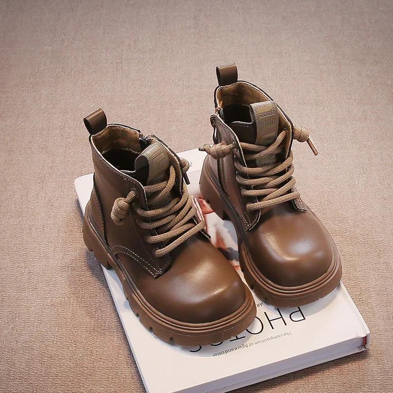 New Kid's Boot Black Khaki Causal Autumn Boots for Girls Round-toe Thick Bottom Children's Fashion Ankle Boots Non-slip Zipper