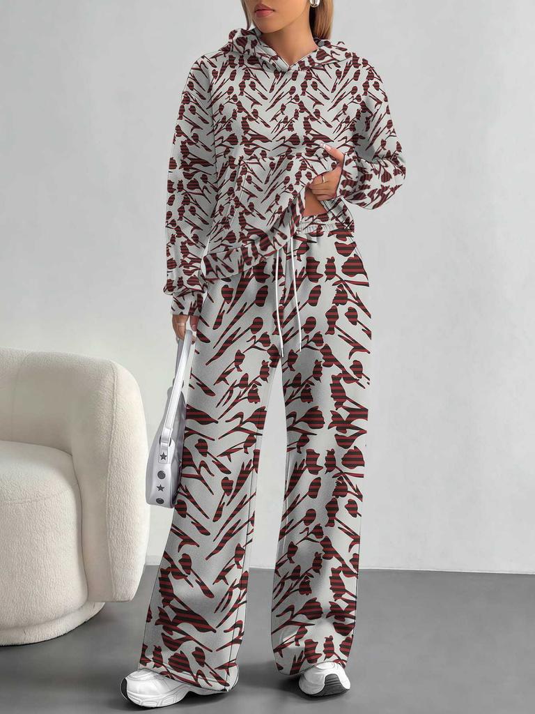 Broken Flowers European And American Autumn And Winter Casual Long-Sleeved Suit Women'S Hooded Sweater Trousers Two-Piece Set