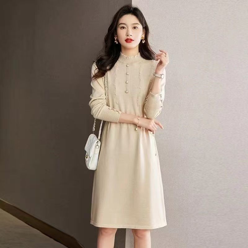 

Beaded Sweater Dress for Women Long-sleeved Knitted Dress for Office Buildings Loose Mid-length Sweater for Autumn and Winter L бежевый