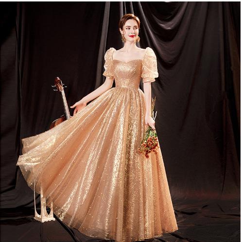 Banquet Evening Dress Gold New Bride Photo Tutu Long Chorus Performance Bubble Sleeve Dress