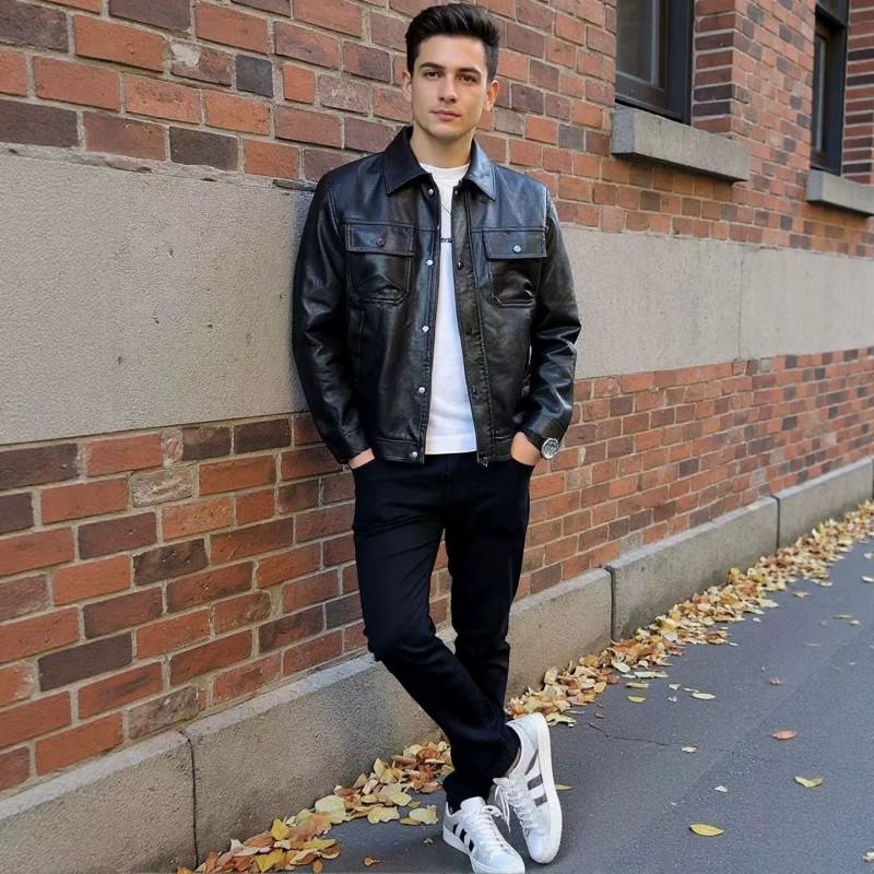 Mens Slim Fit Faux Leather Jacket Casual Outerwear With Lapel Collar Side Pockets