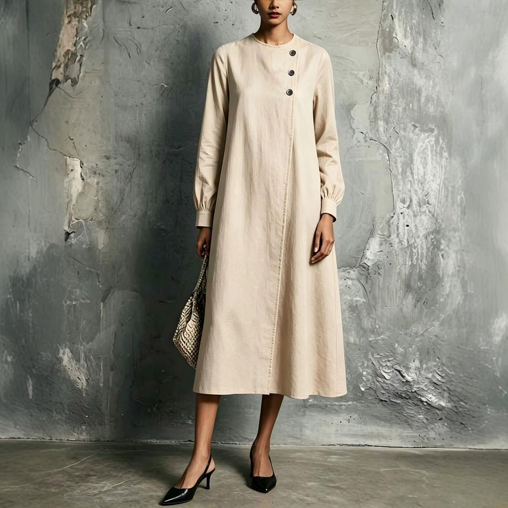 European and American autumn and winter temperament dress women, round neck button decorative zipper long sleeve loose dress