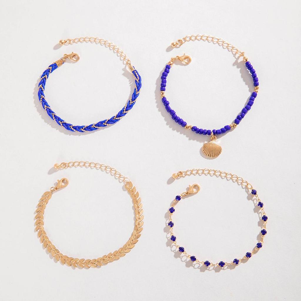 Grenzüberschreitender Schmuck, Reiskörnerperlen, Perlenketten, Geflochtene Seile, Muscheln, Geometrische Diamantbesetzte Blätter, Mehrschichtiges Armband-Set