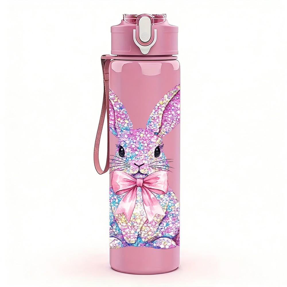 1PC Soft Pink Floral Bunny Rabbit Print 750ml Color Plastic Sports Water Bottle Leakproof Flip Straw Lid Suitable for Sports Office Home Use