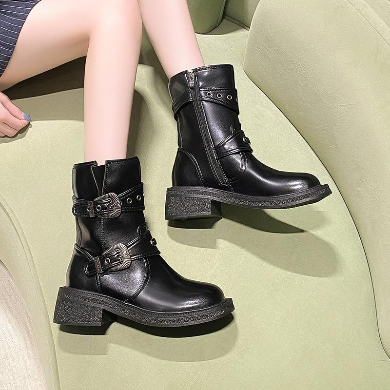 Colored pu leather British style short boots~ New square head thick sole belt buckle side zipper thick heel middle heel knight boots women