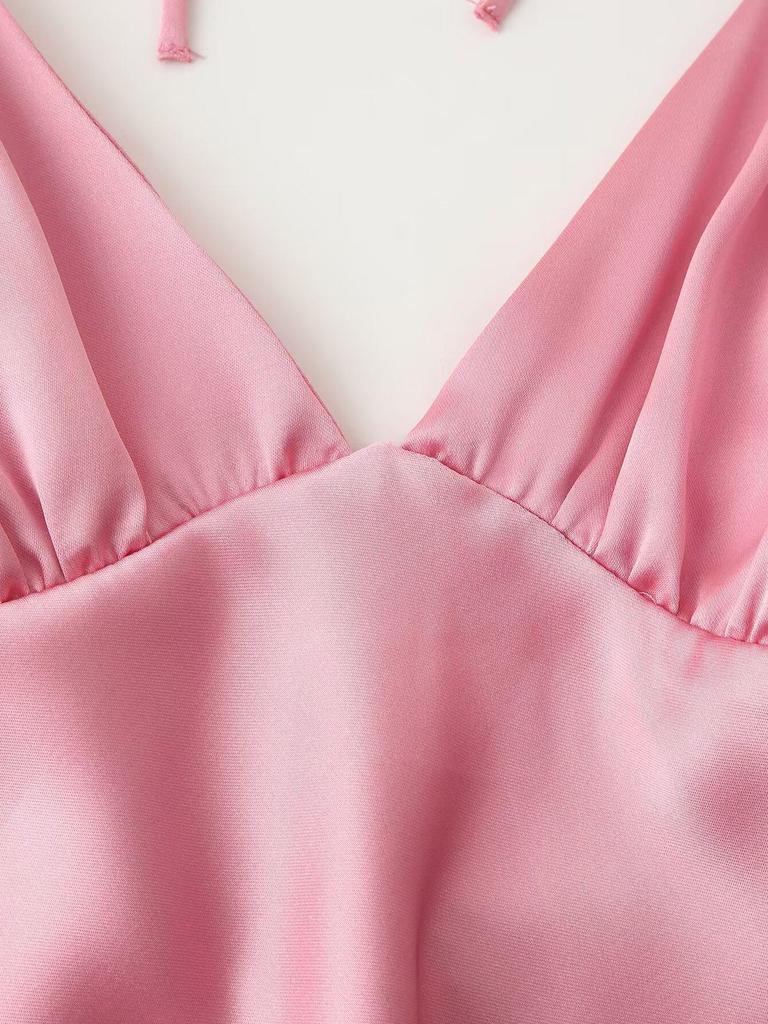 Silk Satin V-neck Backless Spaghetti Strap A-line Dress for Women - New European American Style